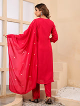 Red silk mirror work festive kurti set with dupatta