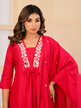 Red silk mirror work festive kurti set with dupatta