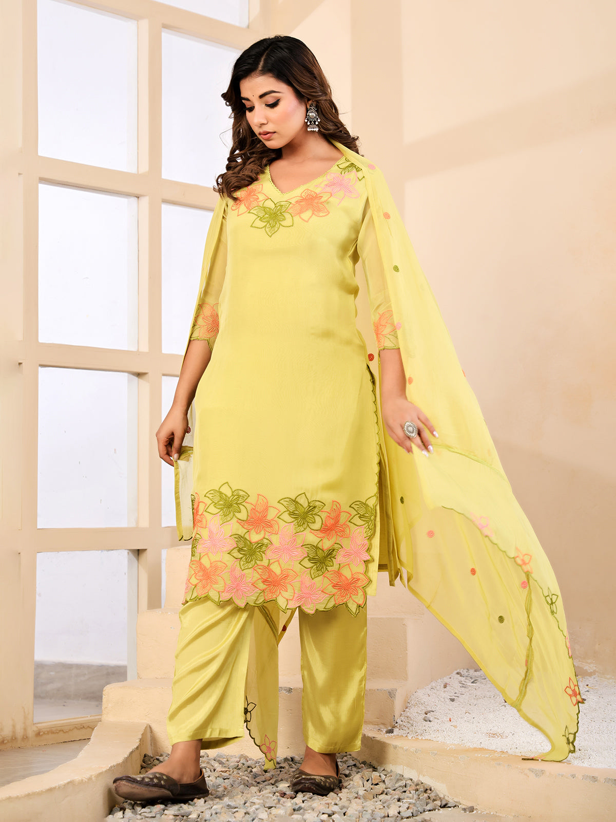 Yellow georgette silk floral embroidered festive kurti set