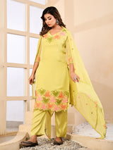 Yellow georgette silk floral embroidered festive kurti set