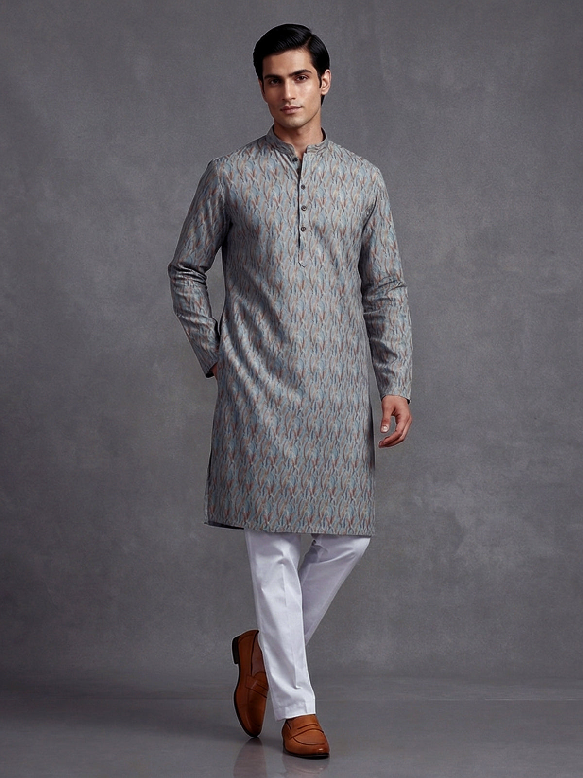 Grey cotton silk printed festive kurta suit