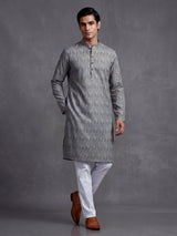 Grey cotton silk printed festive kurta suit