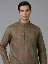 Mehendi olive cotton silk printed festive kurta suit