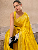 Bright yellow satin crepe silk festive zari saree