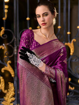 Deep purple satin crepe silk traditional zari saree