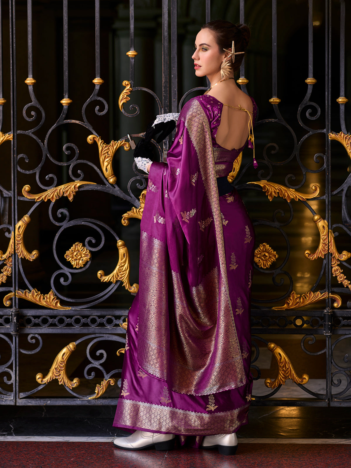 Deep purple satin crepe silk traditional zari saree