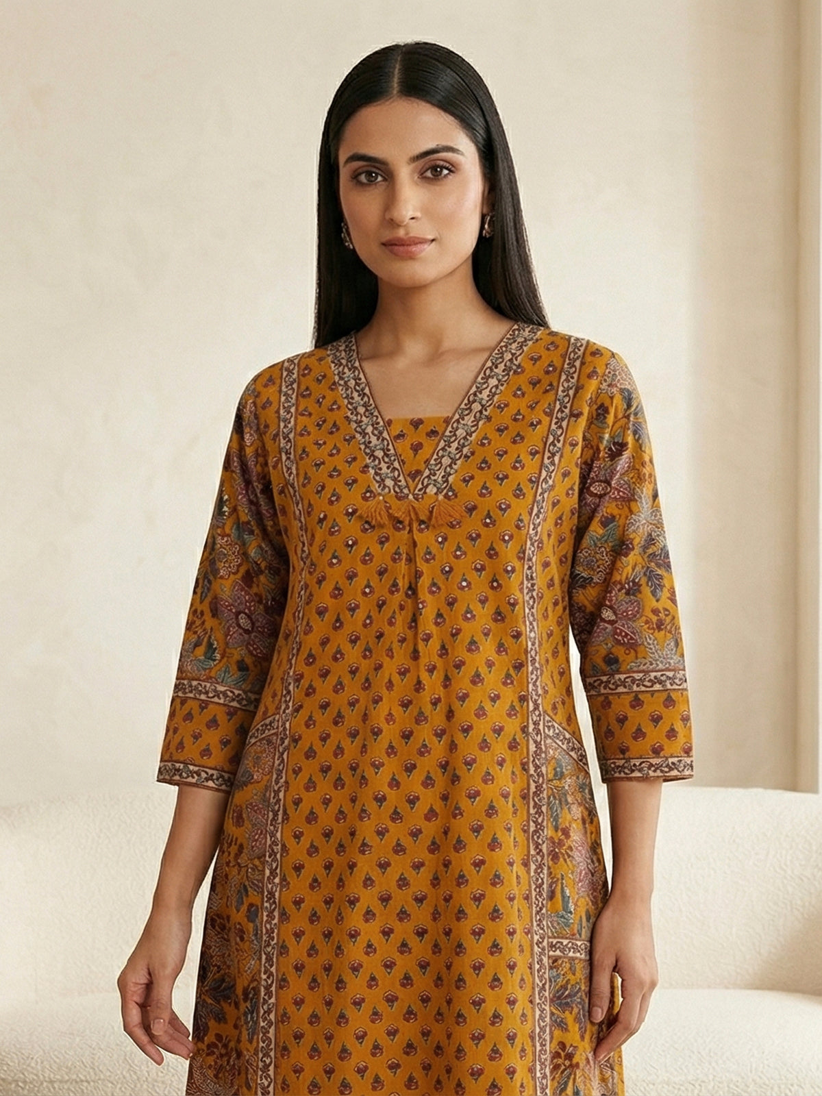 Mustard yellow silk printed casual festive kurti set