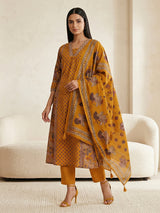Mustard yellow silk printed casual festive kurti set