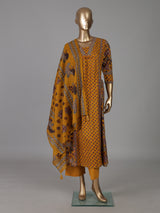 Mustard yellow silk printed casual festive kurti set
