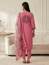 Pink silk straight cut festive kurti set with dupatta
