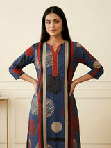 Navy blue cotton silk printed festive kurti set with dupatta