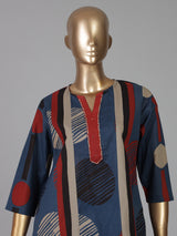 Navy blue cotton silk printed festive kurti set with dupatta