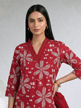 Maroon cotton silk floral printed festive kurti pant set