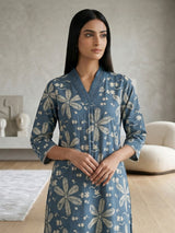 Stone grey cotton silk floral printed casual kurti set