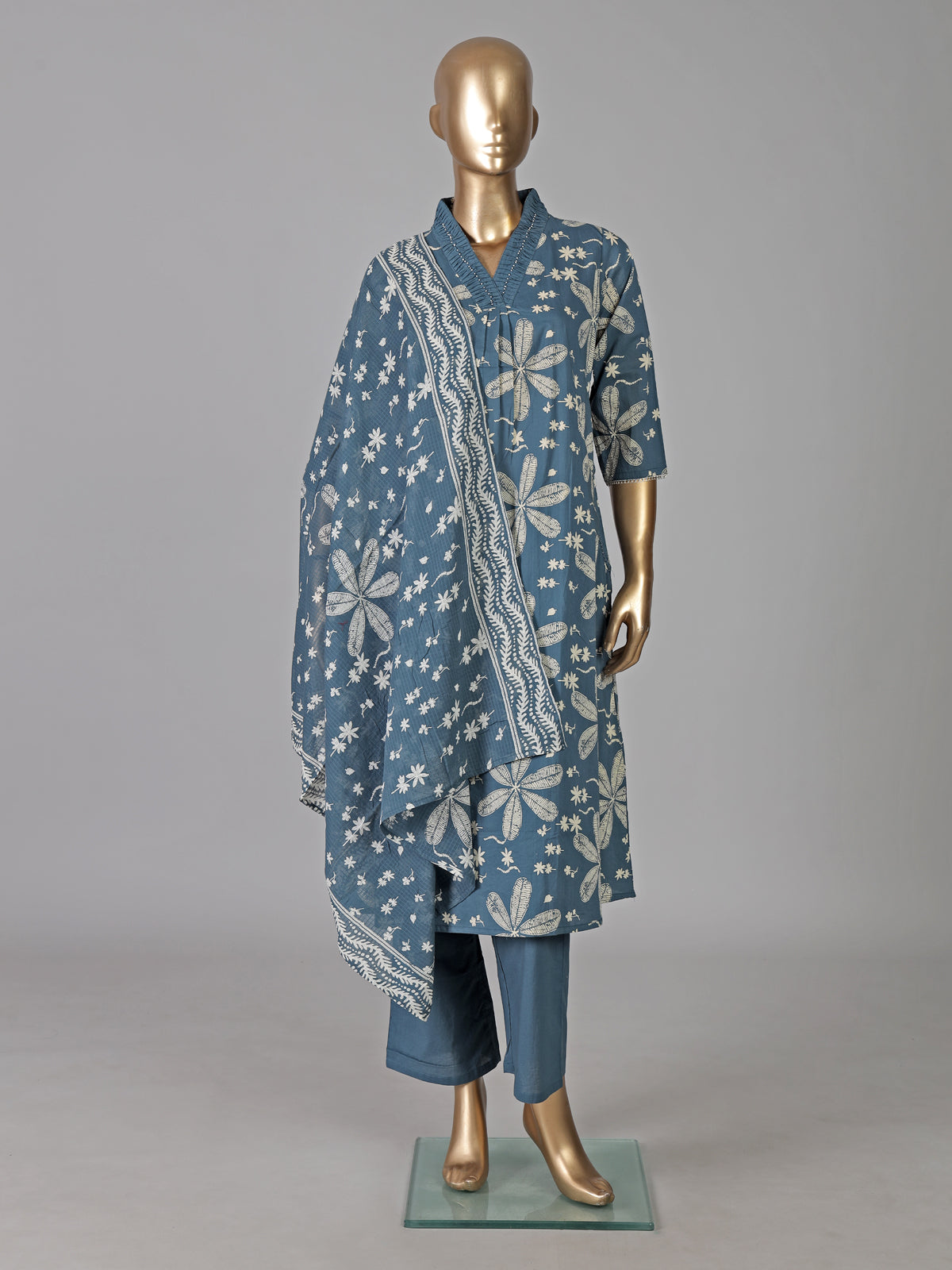 Stone grey cotton silk floral printed casual kurti set
