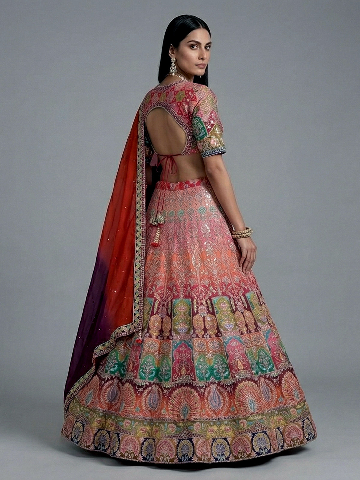 Multicolor silk motif half sleeve festive lehenga choli