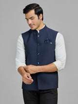 Navy blue terry rayon waistcoat for wedding wear