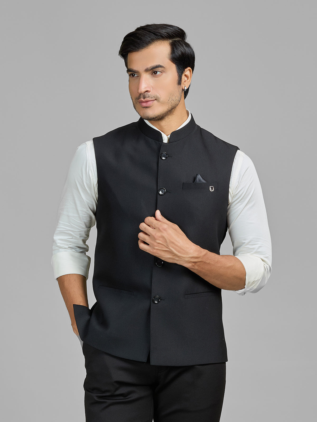 Black terry rayon waistcoat for formal wear