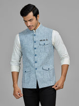 Sky blue terry rayon waistcoat with pocket detail