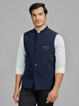 Navy terry rayon waistcoat with embellished pocket