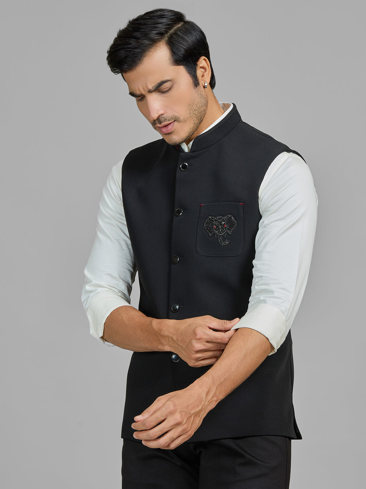 Black terry rayon waistcoat with embellished pocket