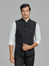 Black terry rayon waistcoat with embellished pocket