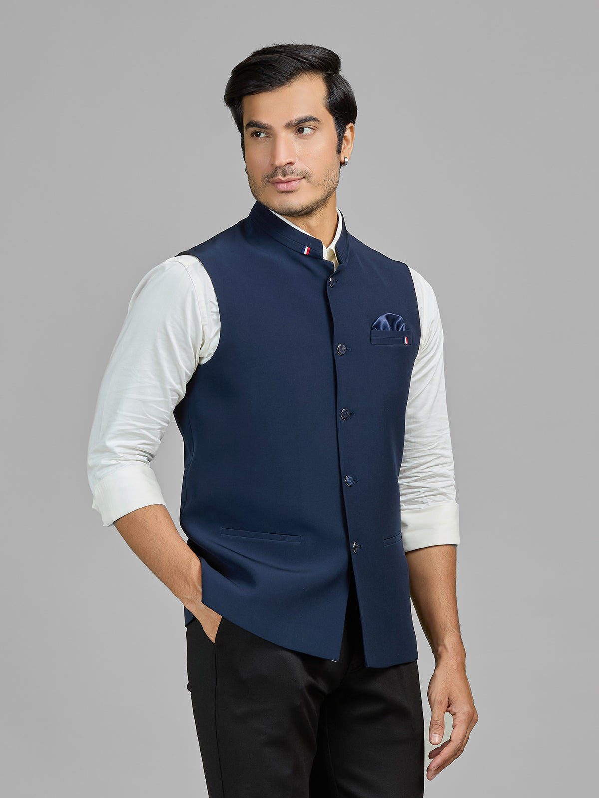 Navy terry rayon waistcoat for party wear