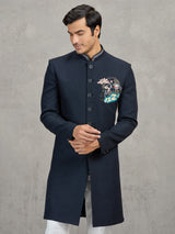 Navy linen viscose wedding wear indowestern set for men