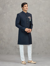 Navy linen viscose wedding wear indowestern set for men