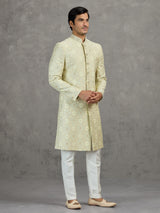 Ivory jacquard wedding indowestern set with zari work