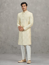 Cream jacquard zari worked indowestern set for weddings