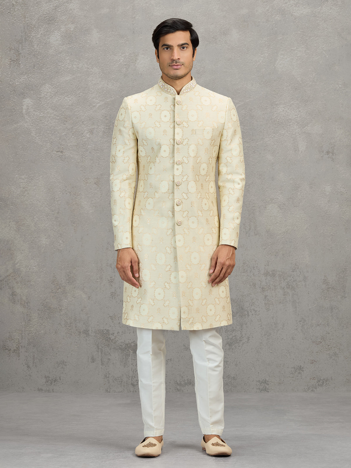 Cream jacquard zari worked indowestern set for weddings