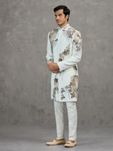 Off-white terry rayon wedding indowestern set with intricate detailing