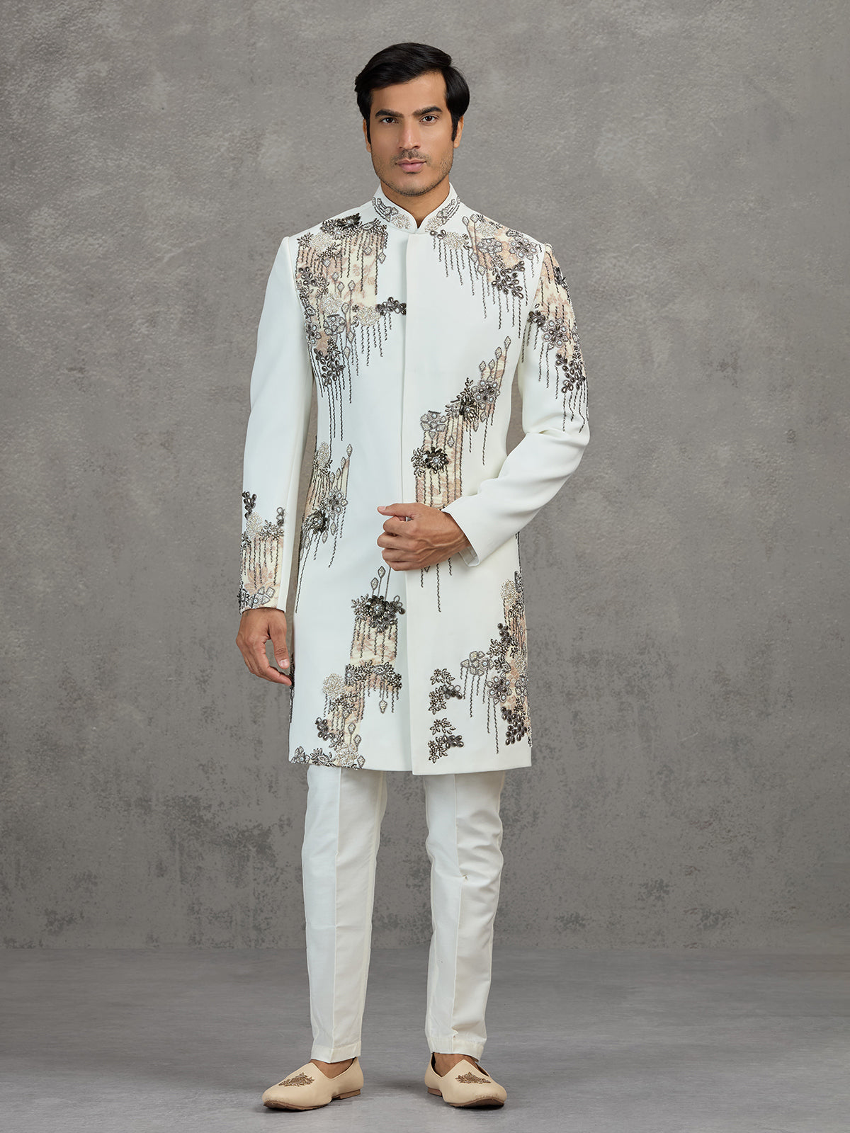 Off-white terry rayon wedding indowestern set with intricate detailing
