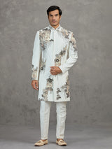 Off-white terry rayon wedding indowestern set with intricate detailing