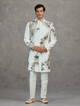 Off-white terry rayon wedding indowestern set with intricate detailing