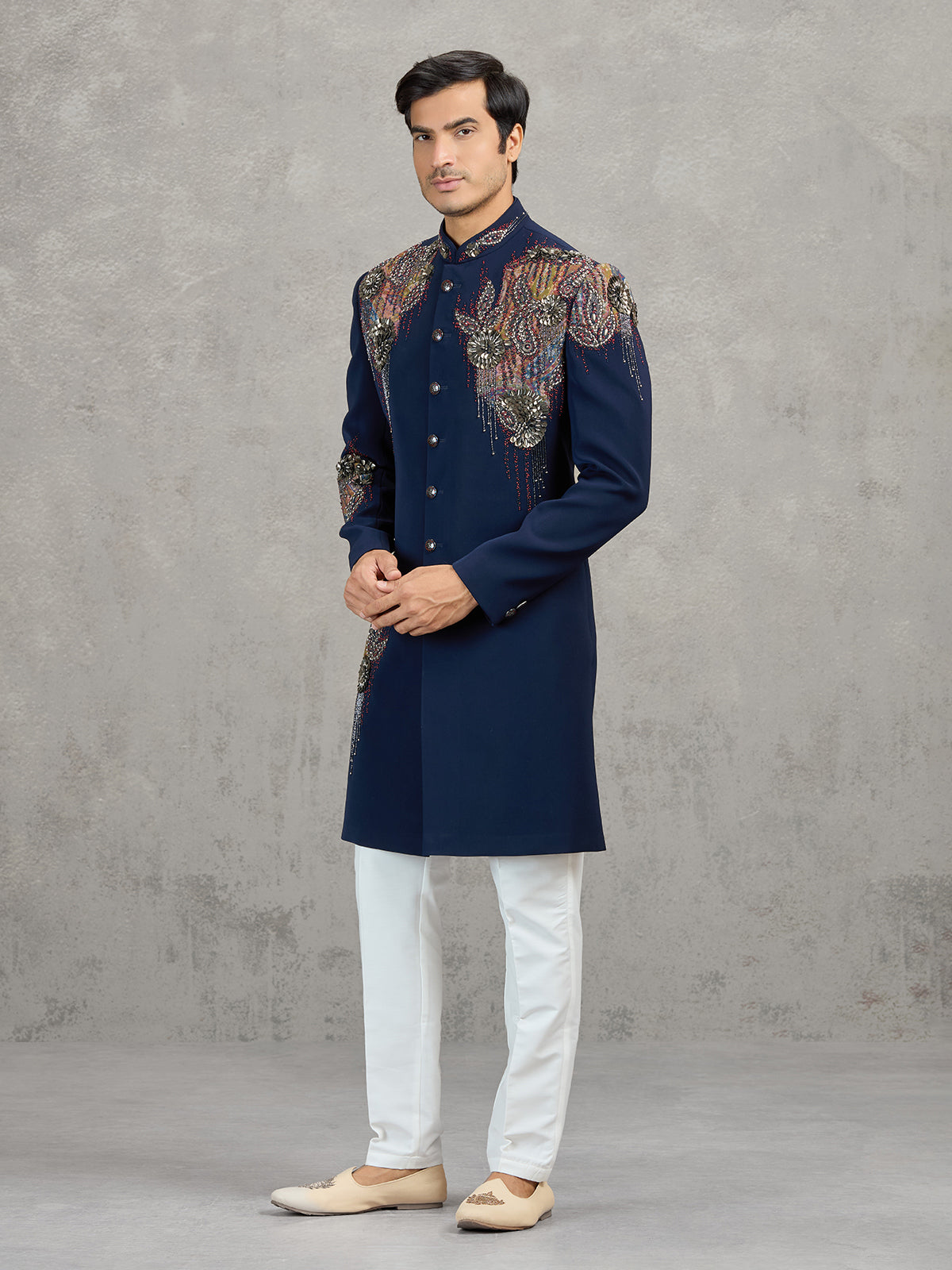 Navy terry rayon indowestern set with heavy embellishment