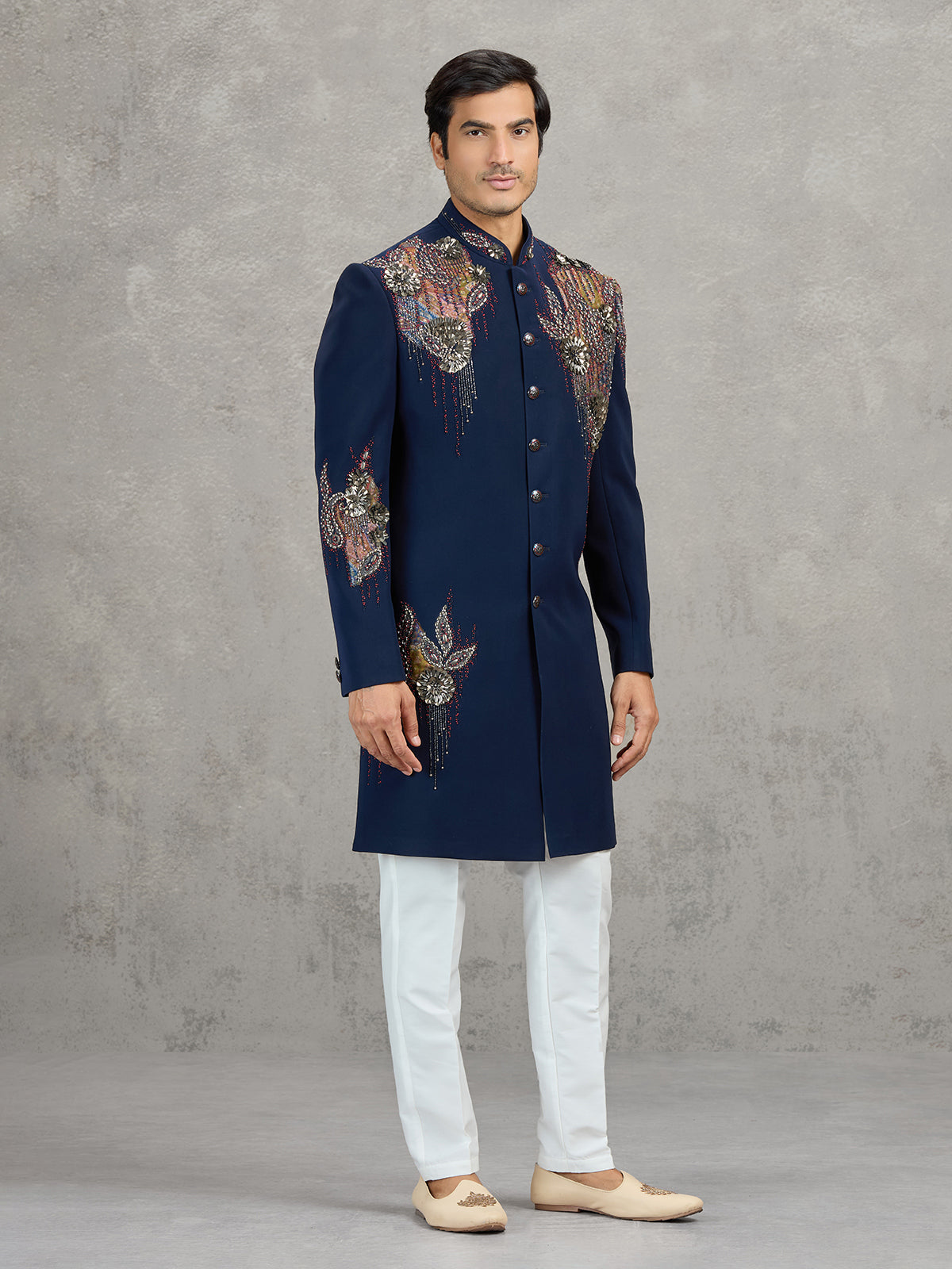 Navy terry rayon indowestern set with heavy embellishment