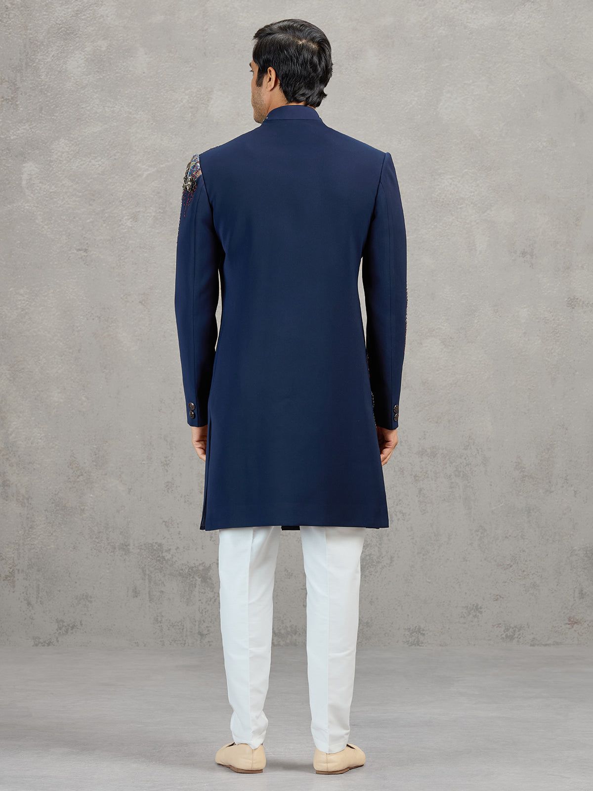 Navy terry rayon indowestern set with heavy embellishment