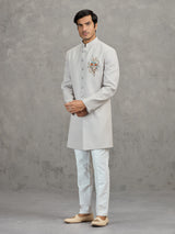 Beige matka silk indowestern set for reception wear