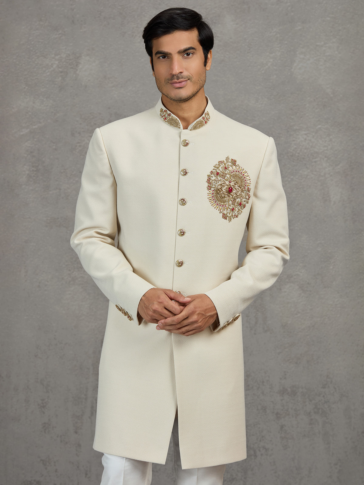 Cream linen viscose indowestern set for wedding celebrations