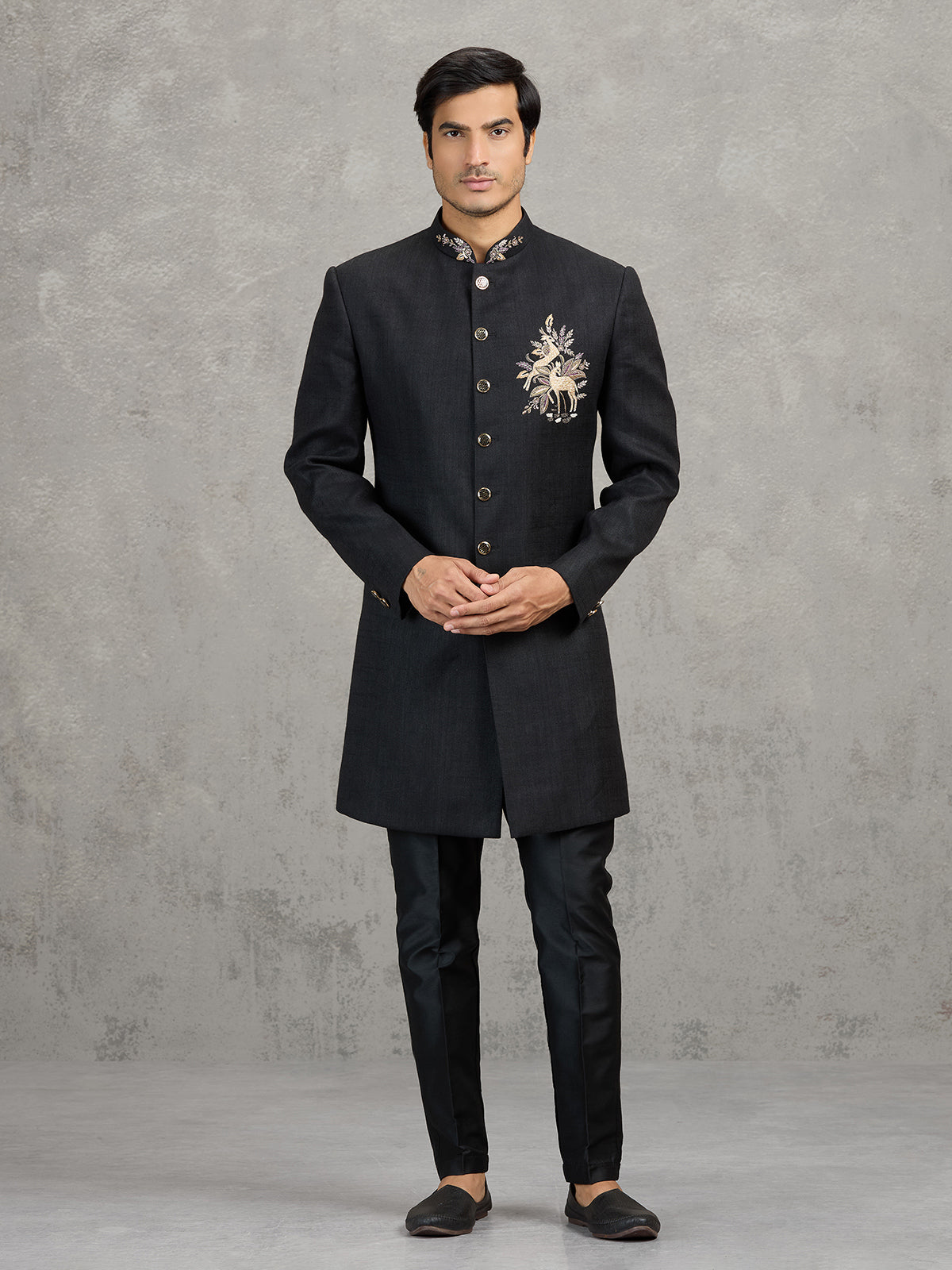 Black linen viscose wedding indowestern set with detailed crest work
