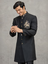 Black linen viscose wedding indowestern set with detailed crest work