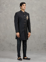 Black linen viscose wedding indowestern set with detailed crest work