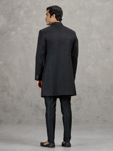 Black linen viscose wedding indowestern set with detailed crest work