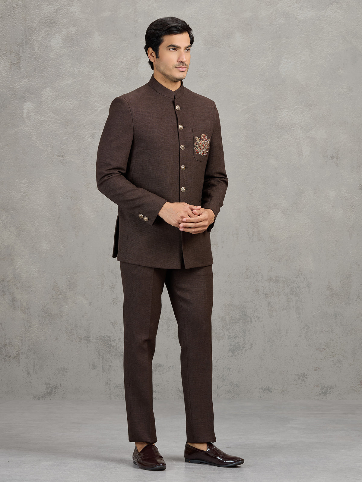 Brown terry rayon jodhpuri suit for wedding wear