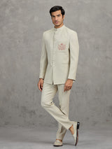 Cream terry rayon jodhpuri suit for wedding wear