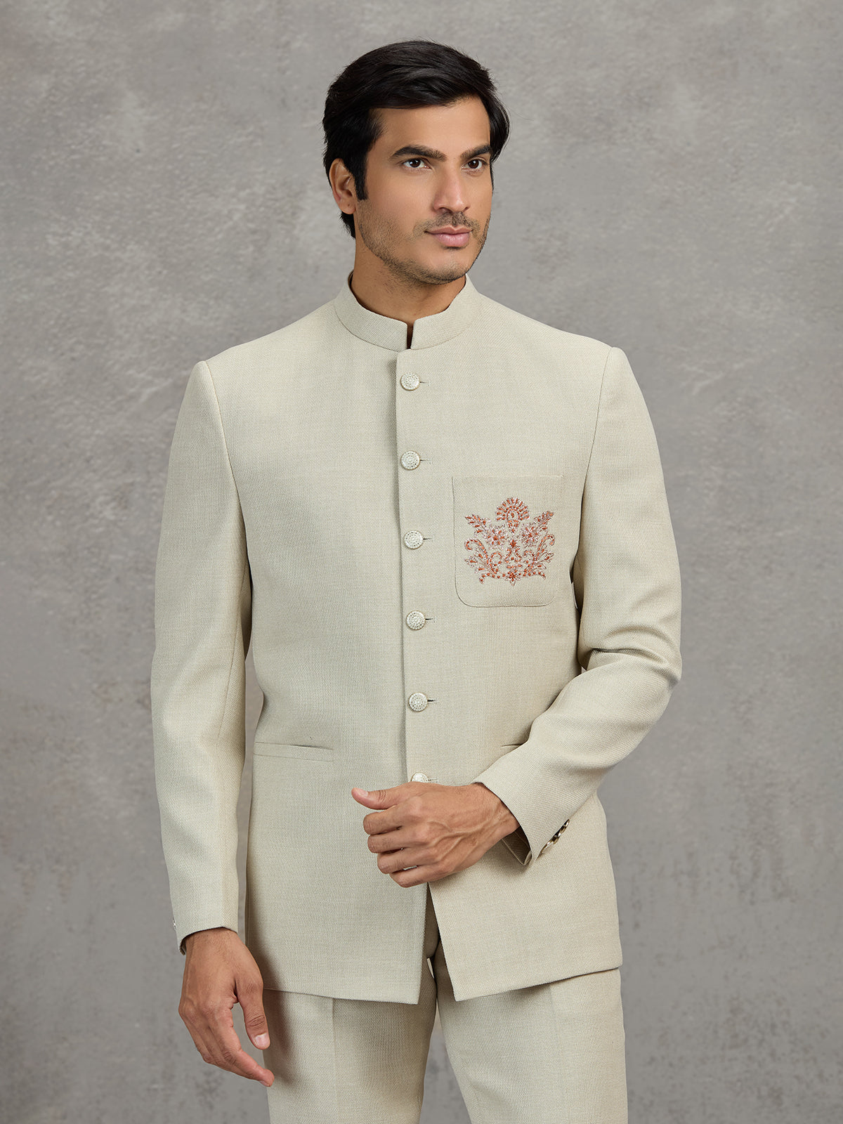 Cream terry rayon jodhpuri suit for wedding wear