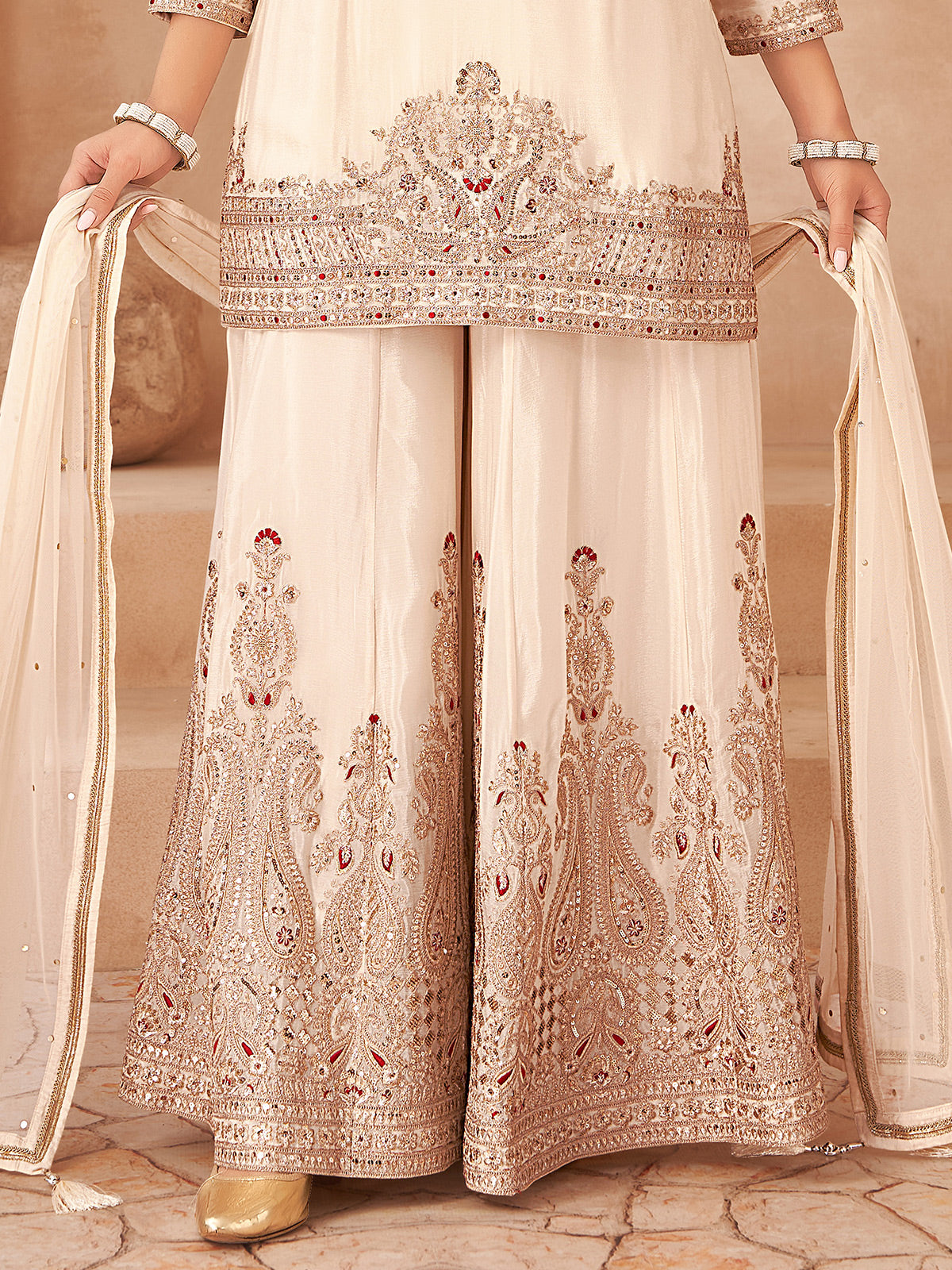 Off white chiffon embroidered work festive palazzo suit