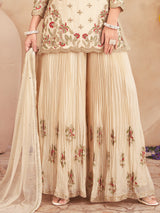 Cream chiffon silk embroidered palazzo festive suit